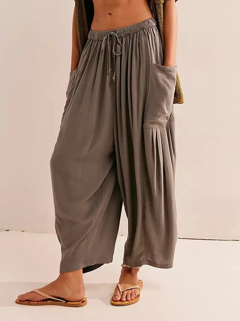 Free People Quinn Linen Blend Pants Color Aven Size L Wide Leg Boho